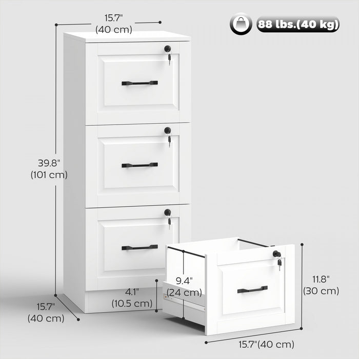 HOMCOM 3 Drawer File Cabinet with Lock, Vertical Filing Cabinet, White