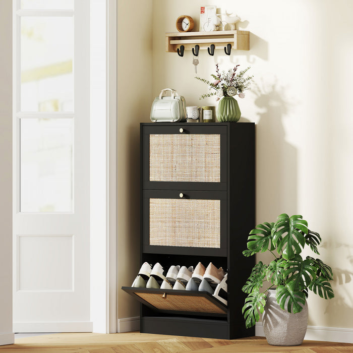 HOMCOM Rattan Shoe Storage Cabinet Organizer with 3 Flip Drawers
