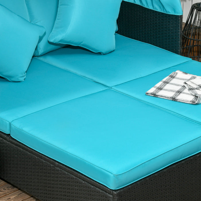 Outdoor Double Lounge Daybed W/ Awning & Cushions Sun Lounger, Green