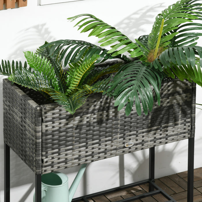 Outsunny Elevated Rattan Raised Garden Bed with Tool Storage Shelf