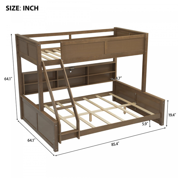 Liam Solid Wood Twin XL Over Queen Bunk Bed with Storage & USB Ports, Brown