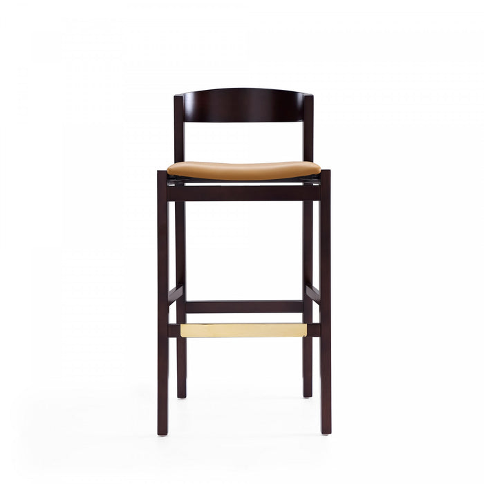Klismos Mid-Century Modern Wood Upholstered Barstool in Camel - Set of 3