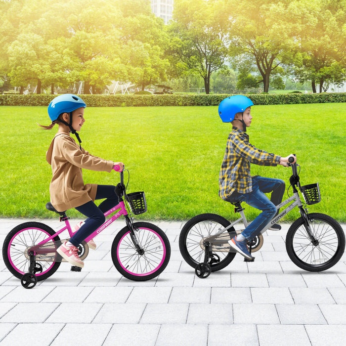 Costway 18\" Kid's Bike With Training Wheels Adjustable Handlebar & Seat Handbrake Sliver