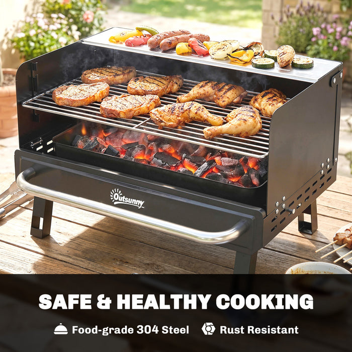 Outsunny Charcoal BBQ Grill, Portable Barbecue Grill with Adjustable Grates, Foldable Legs and Side Shelf for Camping Hiking Picnic Travel Garden Outdoor Cooking, Black