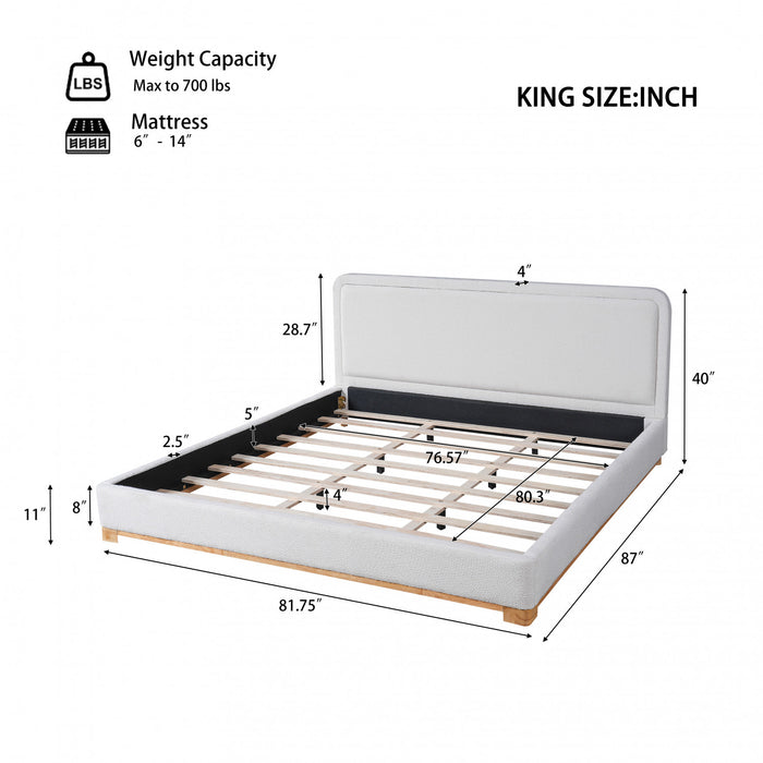 Ethan Low Profile Platform Bed Boucle with Upholstered Curved Headboard,King Size,White King Bed