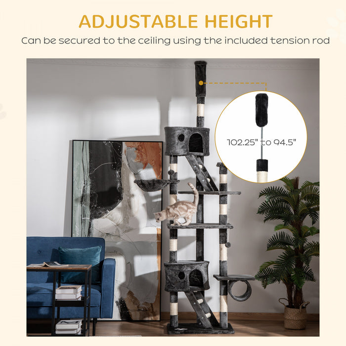 Pawhut 94\"-102\" Huge Cat Tree Ceiling High Cat Condo Scratching Post Activity Center Multi-level Play House Dark Grey