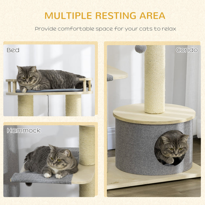 Pawhut 35\" Cat Tree, Kitty Activity Centre, Wooden Cat Climbing Toy, Cat Tower With Cat Bed Hammock Condo Washable Cushion Hanging Ball Toy Sisal Scratching Post, Natural