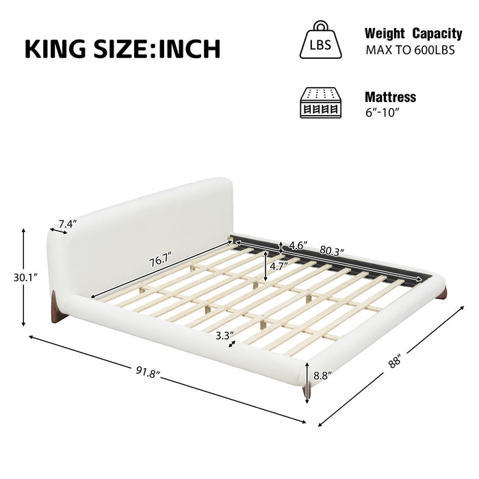 Emma Low Profile Platform Bed Frame with Curved Headboard and Boucle Upholstery, King Size,Cream White King Bed