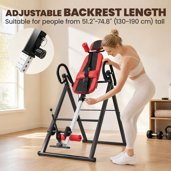 Soozier Heavy Duty Inversion Table with Protective Belt, 20°/40°/60°/90° Adjustable Folding Back Stretcher Machine with Headrest, Lumbar Support for Stress Relief for Home Use, Red