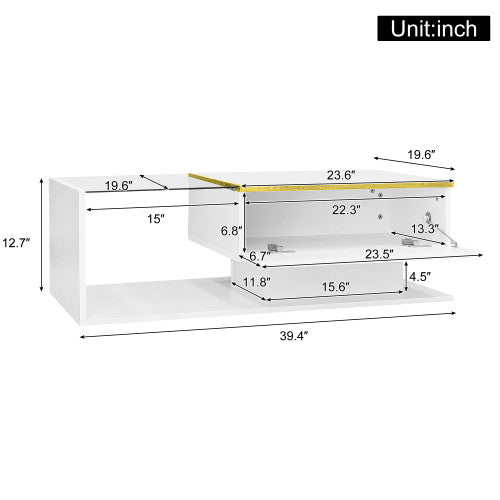 Maxwell High-Gloss 39.4\" Long Coffee Table with Glass and LED Effect,White