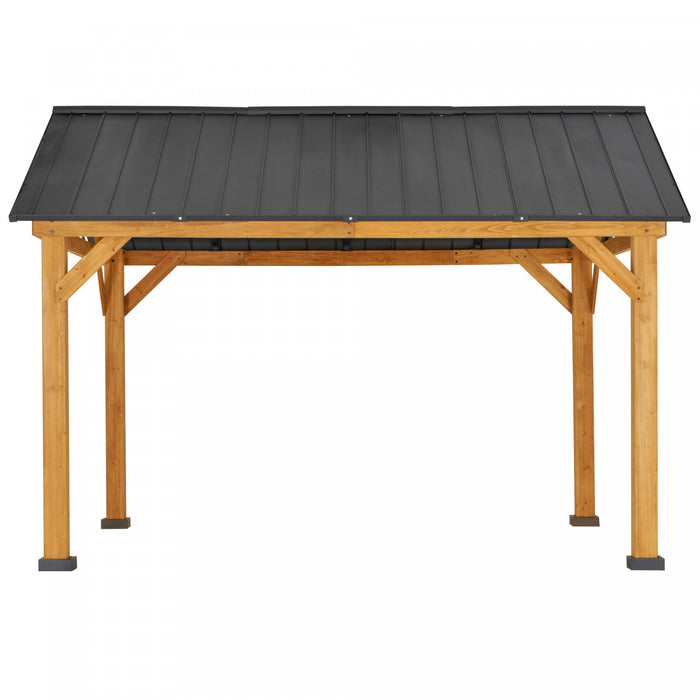 Outsunny 11' X 13' Wooden Gazebo Canopy Outdoor Sun Shade Shelter W/ Steel Roof, Solid Wood, Black & Natural