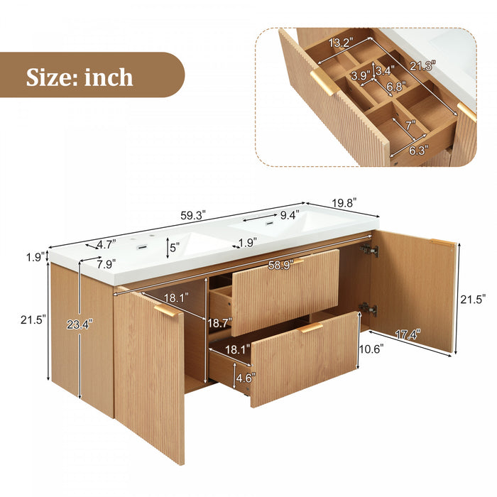 Weston 59.3-Inch Double Sink Floating Bathroom Vanity with Smart Storage, Natural