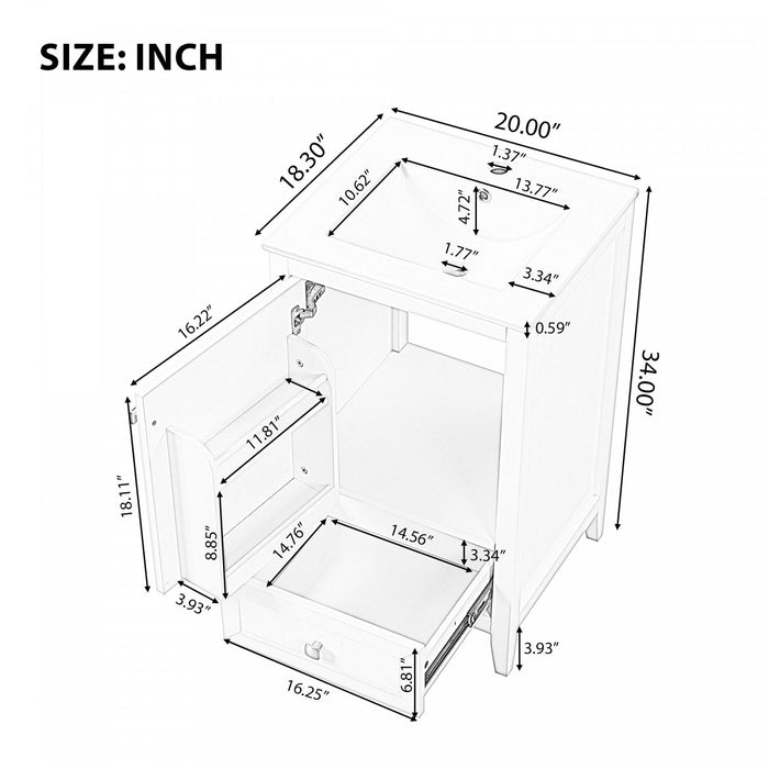 Puret 20 Inch Single Sink Bathroom Vanity with Door Shelf and Pull-Out Drawer, White