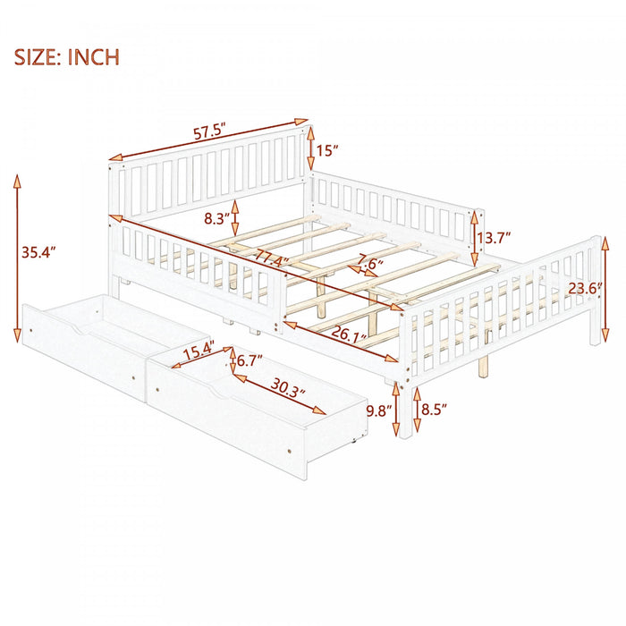 Emma Wood Platform Bed with Guardrails and Storage Drawers,Full Size - Grey