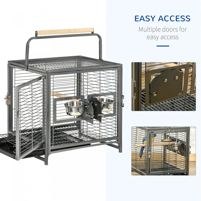 Pawhut Bird Travel Carrier Cage For Parrots Conures African Grey Cockatiel Parakeets With Stand Perch, Stainless Steel Bowls, Pull Out Tray, Black
