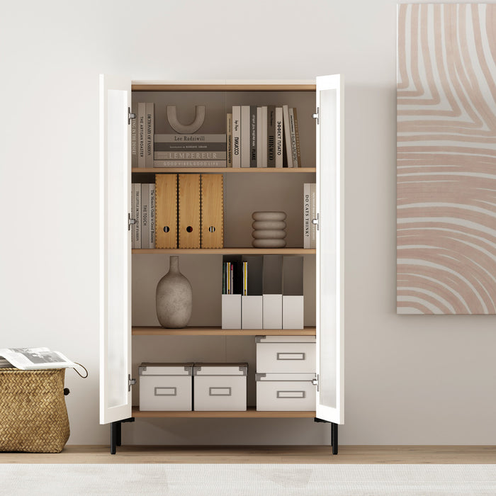 Abbey Modern 32\" Tempered Glass Bookcase Cabinet in Maple and Off White (4-Shelf)