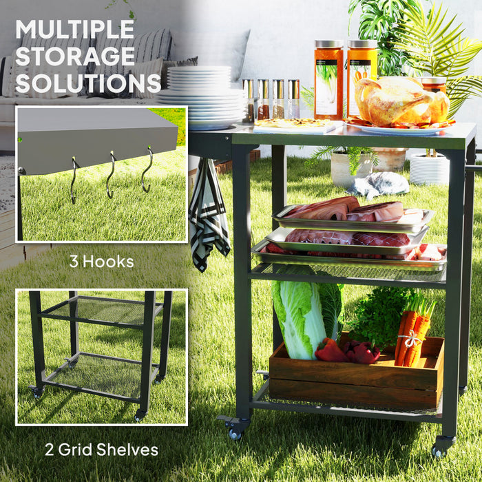 Outsunny 3-Shelf Outdoor Grill Cart with Foldable Side Table, 22\" x 16.1\" Pizza Oven Stand with Stainless Steel Tabletop, Hooks, Movable Food Prep Table on Wheels