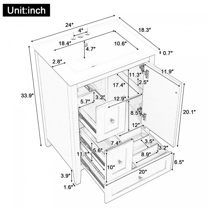 Mia 24\" Bathroom Vanity with Ceramic Sink and Multi-Drawer Storage, White