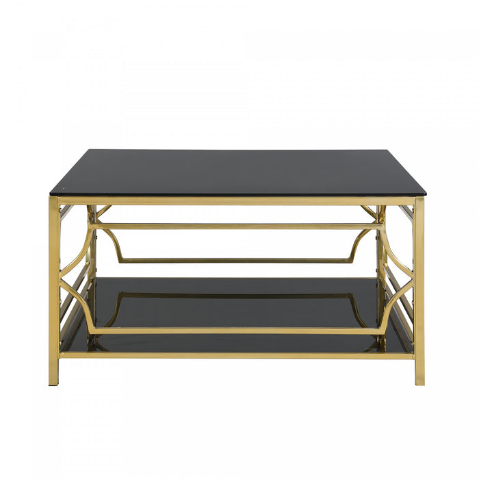 Gleam 33.5 Inch Square Tempered Glass Coffee Table with Geometric Gold Frame and Lower Shelf, Black