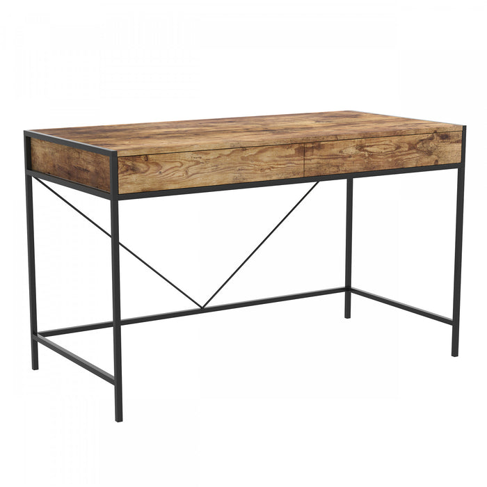 49” Computer Desk With 2 Drawers - Brown Wood With Black Metal