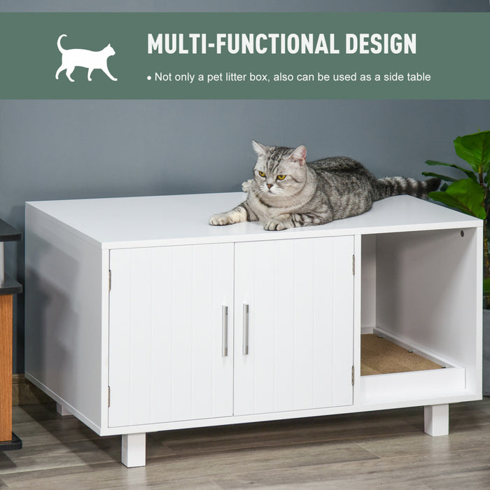 Pawhut Wooden Cat Washroom Pet Litter Box Enclosure Kitten House Nightstand End Table With Scratcher Magnetic Doors White