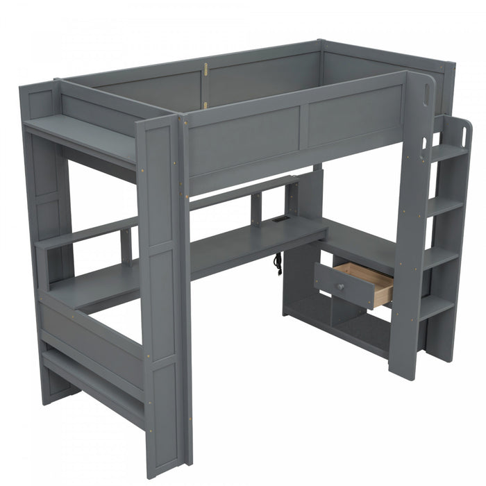 Jackson Twin Solid Wood Loft Bed With Desk, Multi-storage Shelves, Led And Charging Station, Dark Grey