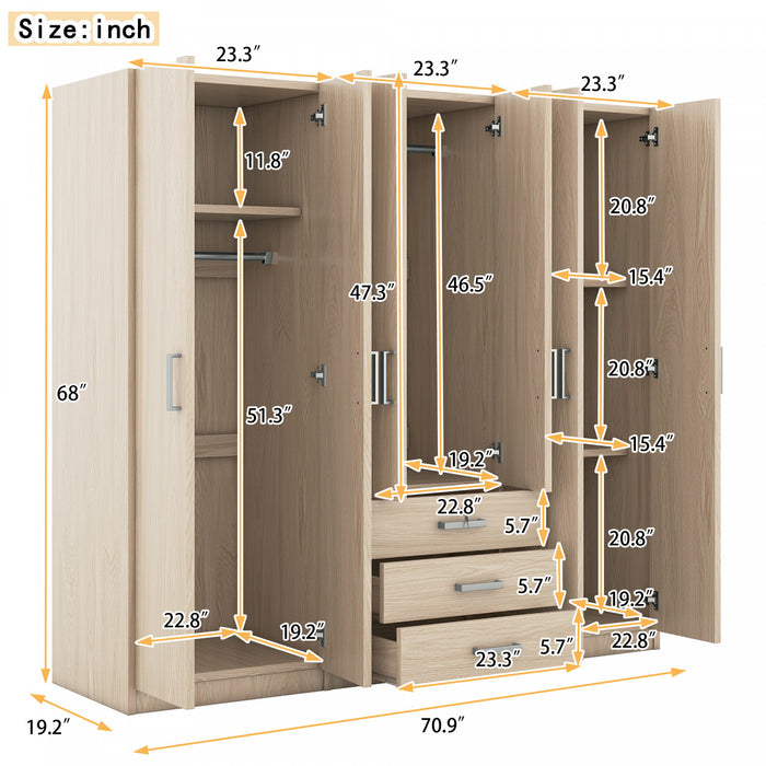 Peter 70.9\" 6-door Wooden Wardrobe With Drawers And Hanging Storage, Brown