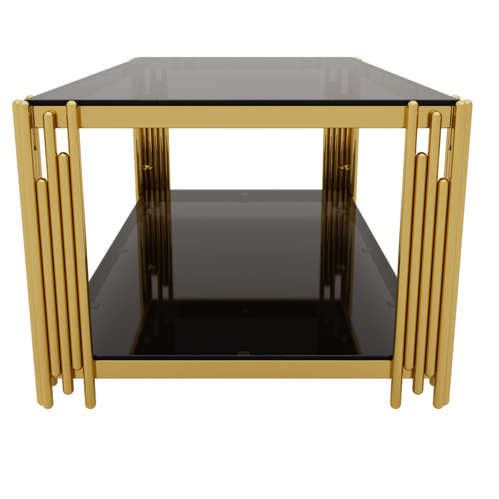 Aria 47.5 Inch Modern Rectangular Coffee Table with Asymmetrical Gold Frame and Mirror Top, Black