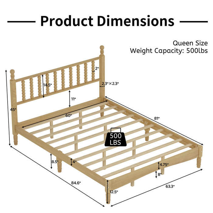 Oliver Retro Wood Platform Bed with Gourd Shaped Headboard and Sturdy Wooden Slat Support,Queen Size,Natural Queen Bed