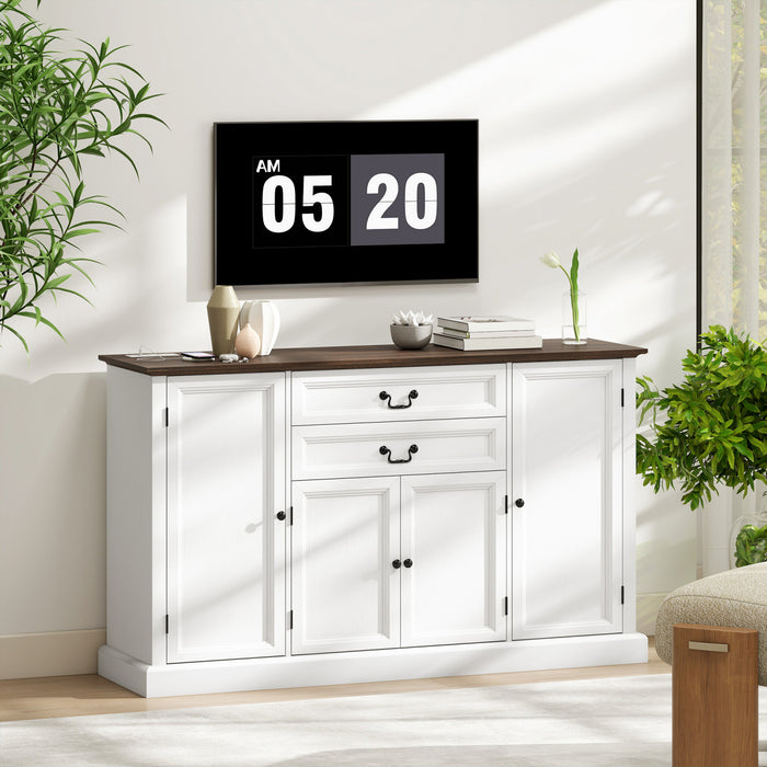 HOMCOM 58\" Farmhouse Sideboard Buffet Cabinet with Charging Station White
