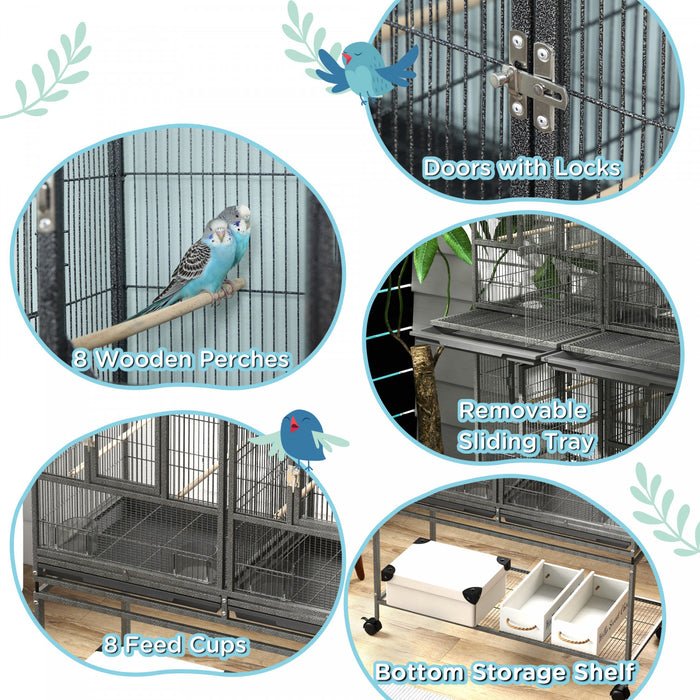 Pawhut 61 Inch Large Double Rolling Metal Bird Cage Bird House With Removable Metal Tray, Storage Shelf, Wood Perch, Food Container