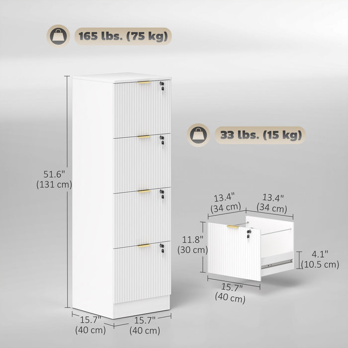 HOMCOM 4 Drawer File Cabinet Fluted Vertical Filing Cabinet with Lock White