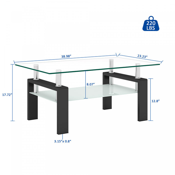 Liam Modern Rectangle Clear Tempered Glass Coffee Table,Black