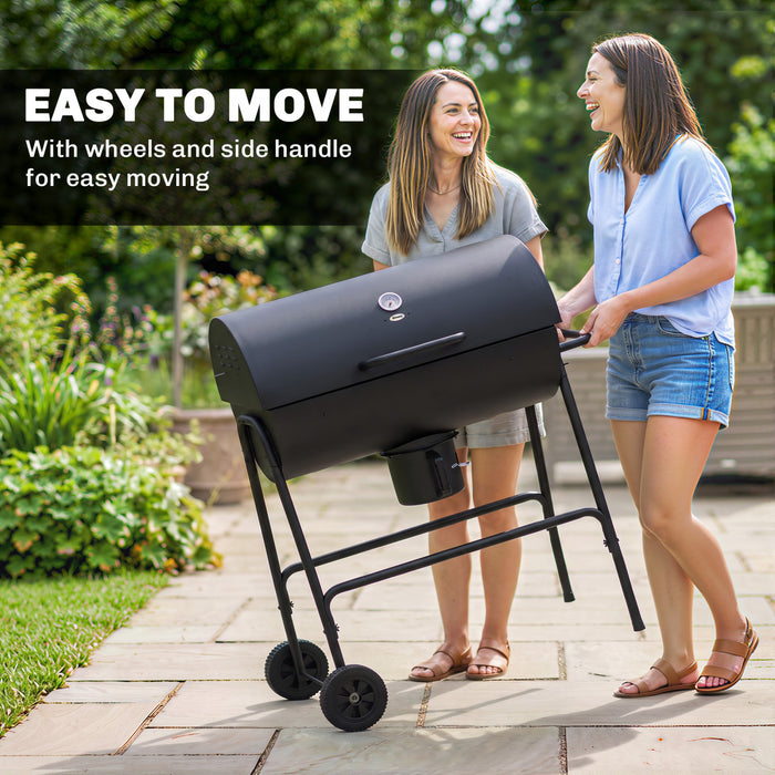 Outsunny Barrel Charcoal BBQ Smoker with 420 sq.in. Cooking Area, Outdoor Barbecue with Wheels, Ash Catcher and Built-in Thermometer for Patio Picnic, Backyard Party, Black