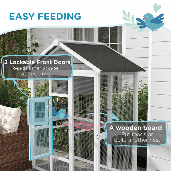 Pawhut 65\" Bird Cage Large Wooden Aviary For Canary With Standing Pole Nest Slide-out Tray, For Indoor Outdoor, Grey