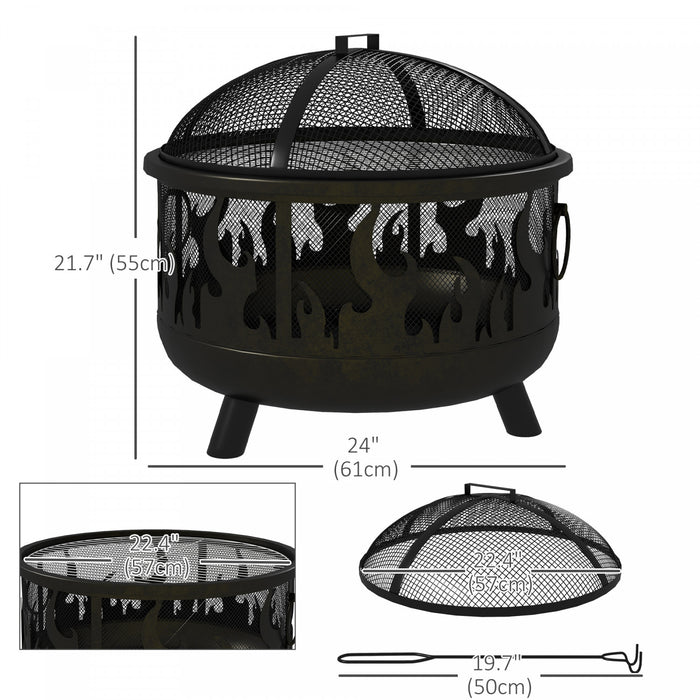 Outsunny 24\" Round Outdoor Fire Pit 2-in-1 Firepit Bowl W/ Lid, Grill