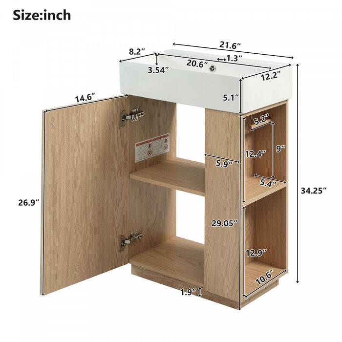 Serena Modern 21.6 Inch Bathroom Vanity with Ceramic Sink and Multi Storage, Brown