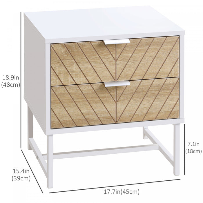 HOMCOM Nightstand with 2 Drawers and Steel Frame, Side Table, White