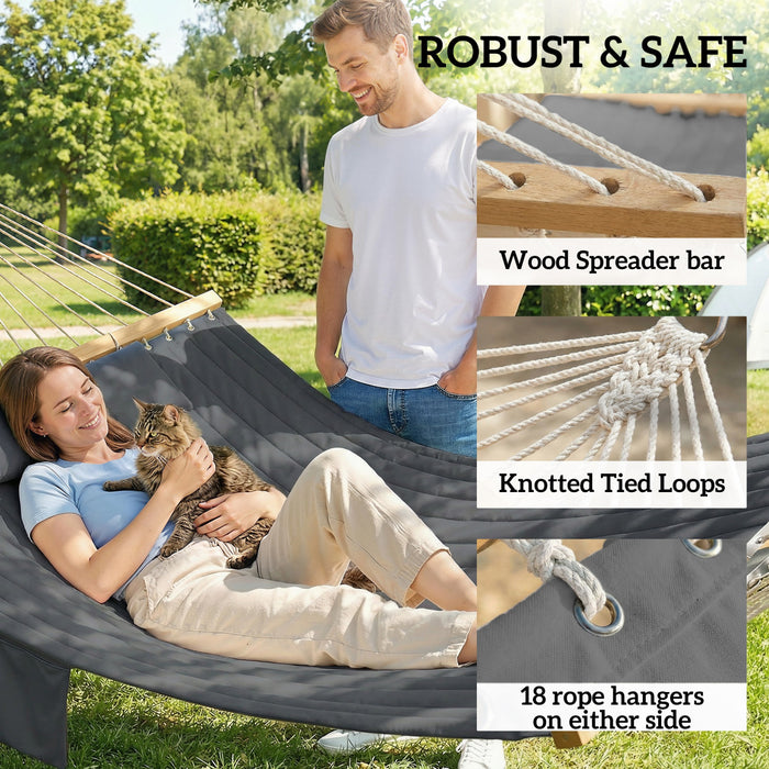 Outsunny Outdoor Hammock 440LB Capacity with Wood Spreader Bar, Grey
