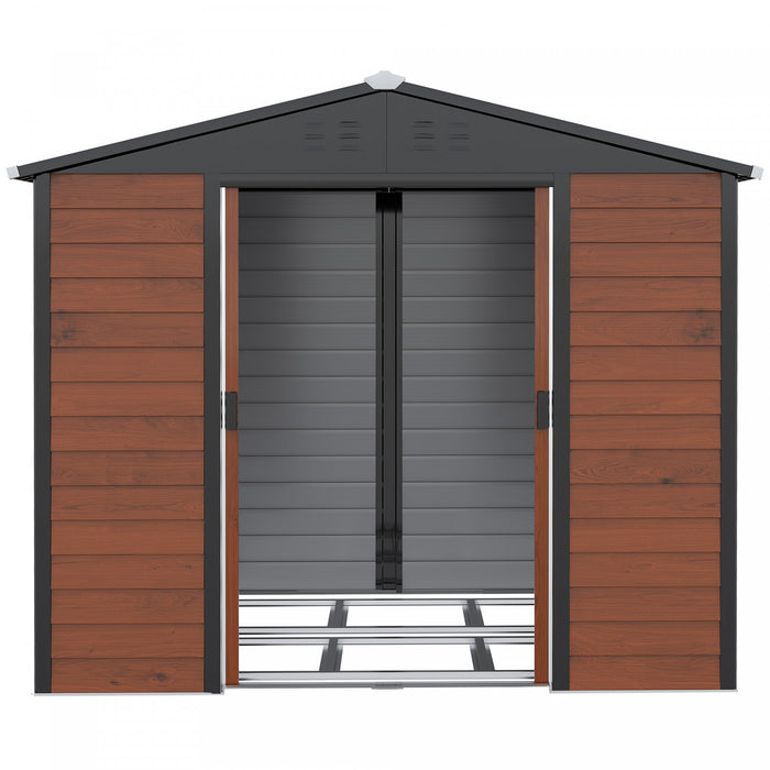 Outsunny 8' X 7' Outdoor Storage Shed, Galvanized Steel Metal Garden Shed W/ Double Sliding Lockable Door, Floor Frame, Vents, Waterproof Tool Shed For Backyard, Lawn, Patio, Teak