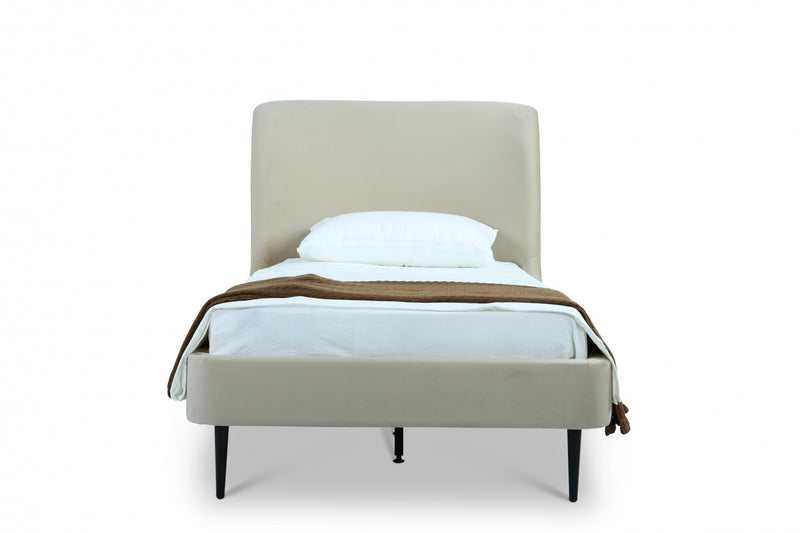 Heather Mid-Century Modern Velvet Upholstered Twin Bed in Cream and Black