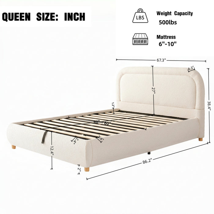 Sophia Space-Saving Hydraulic Lift Storage Platform Bed with Boucle Upholstery,Queen Size,Beige Queen Bed