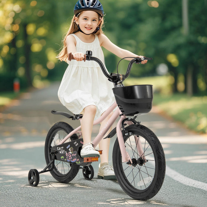 Costway 16\" Kid's Bike With Training Wheels Adjustable Handlebar & Seat Handbrake Pink