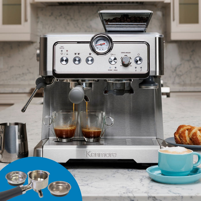 Kenmore Espresso Machine Stainless Steel Manual Tamp Coffee Maker - KKCMEMT