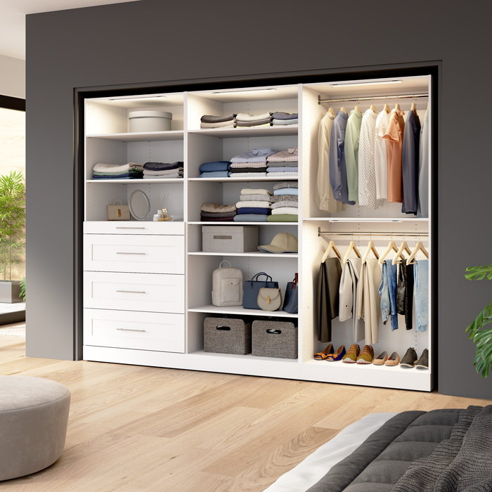 Bestar Florence 107\" Modular Walk-In Closet System with LED Lights, Rods, Shelves and Drawers Shaker Style - White
