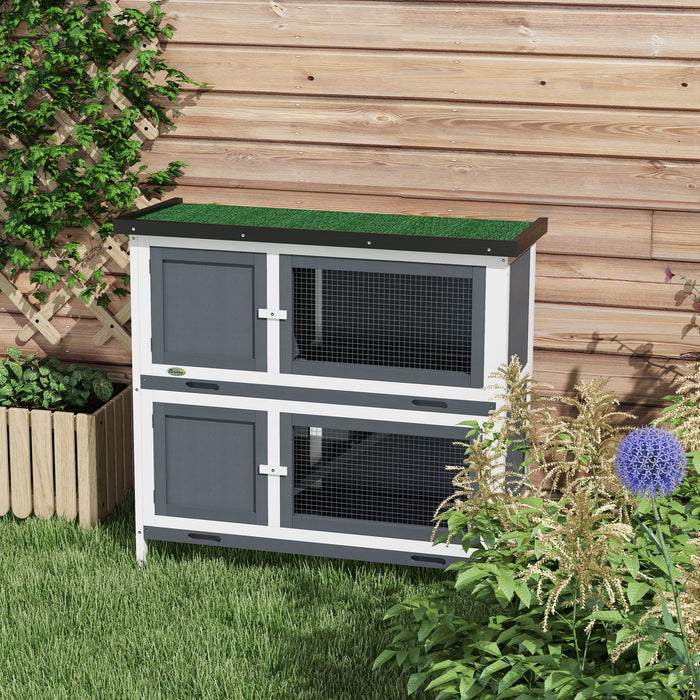 Pawhut Rabbit Hutch, Wooden 2 Tier Bunny Guinea Pig Cage With Openable Top, Slide-out Tray, Ramp, Asphalt Roof, For 2 Rabbits Outdoor Backyard Use, Grey