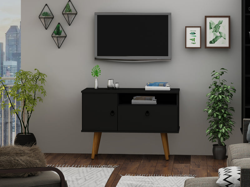 Manhattan Comfort Tribeca 35.43\" Mid-Century Modern TV Stand with Solid Wood Legs - Black