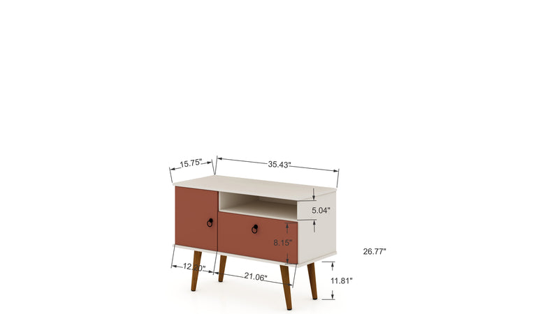 Manhattan Comfort Tribeca 35.43\" Mid-Century Modern TV Stand with Solid Wood Legs - Off White & Terra Orange Pink