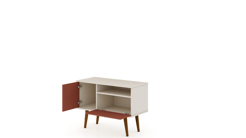 Manhattan Comfort Tribeca 35.43\" Mid-Century Modern TV Stand with Solid Wood Legs - Off White & Terra Orange Pink