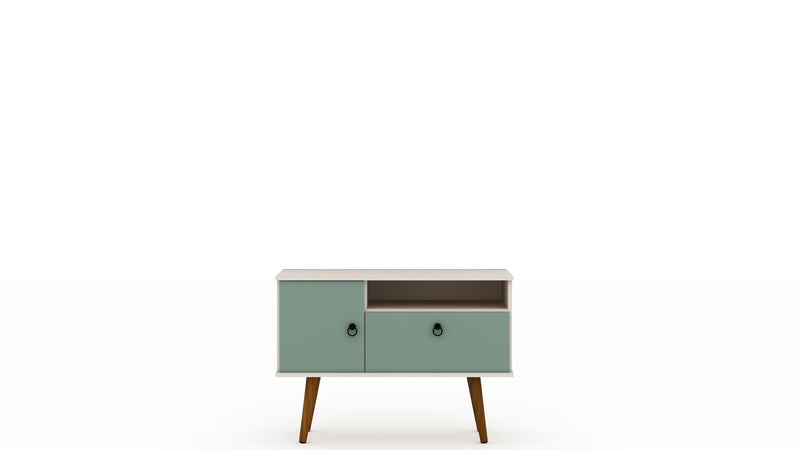 Manhattan Comfort Tribeca 35.43\" Mid-Century Modern TV Stand with Solid Wood Legs - Off White & Green Mint